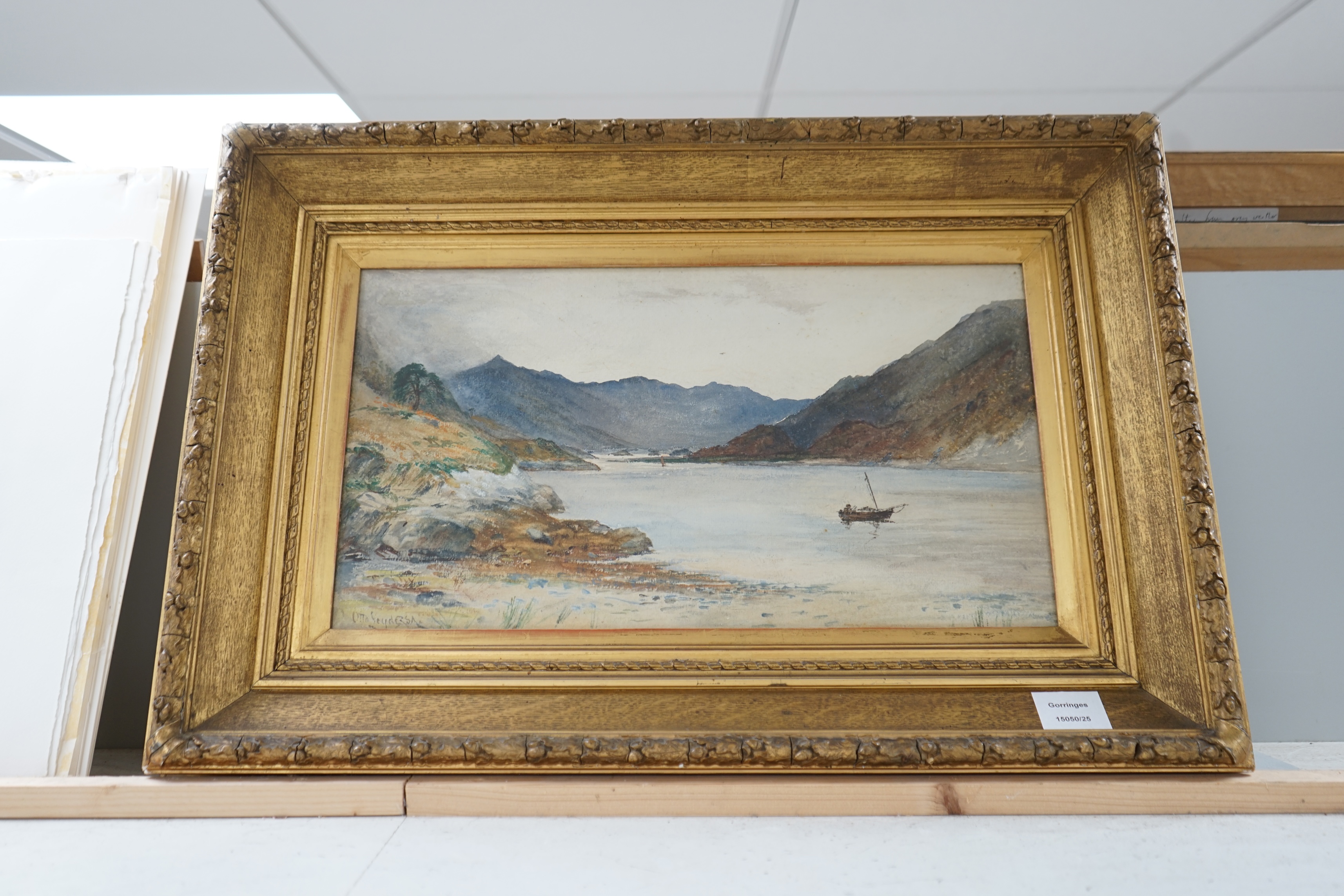 Otto Theodor Leyde R.S.A (1835-1897), watercolour, Highland loch scene with figure and fishing boat, signed, 25 x 46cm, ornate gilt framed. Condition - fair
